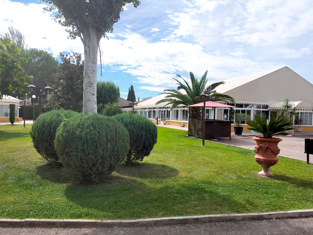 Jardines de Finca La Malvasía: césped, árboles, palmeras y edificios junto a los caminos, sin personas